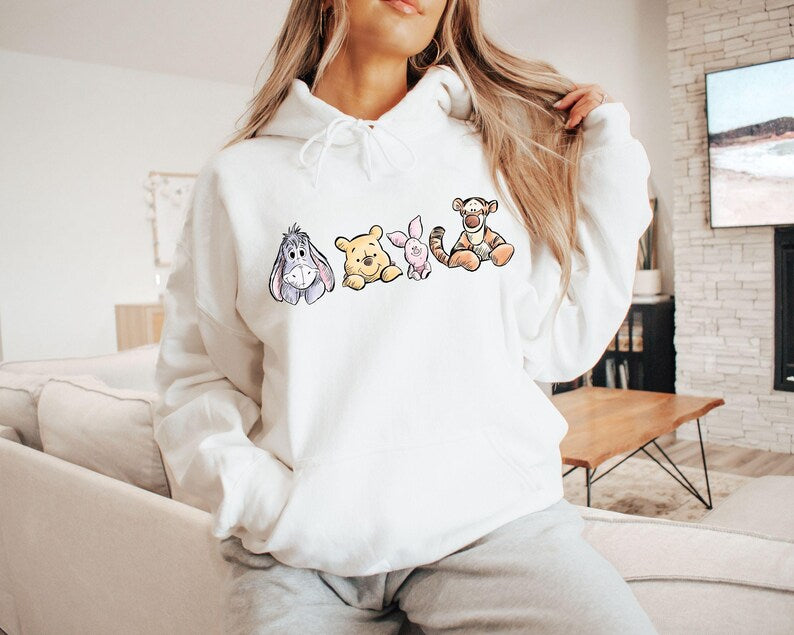 Winnie The Pooh Friends Shirt, Eeyore Pooh Piglet Tigger Cute Tee, Disney Character Sketch Style Shirt, Soft Pastel Cartoon Tee