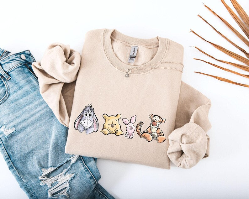 Winnie The Pooh Friends Shirt, Eeyore Pooh Piglet Tigger Cute Tee, Disney Character Sketch Style Shirt, Soft Pastel Cartoon Tee