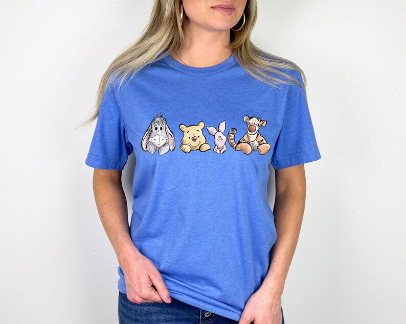 Winnie The Pooh Friends Shirt, Eeyore Pooh Piglet Tigger Cute Tee, Disney Character Sketch Style Shirt, Soft Pastel Cartoon Tee
