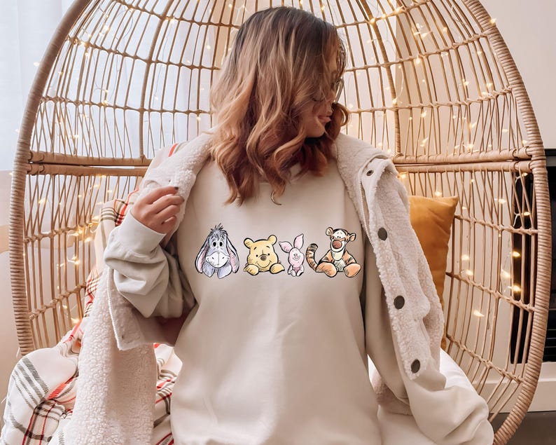 Winnie The Pooh Friends Shirt, Eeyore Pooh Piglet Tigger Cute Tee, Disney Character Sketch Style Shirt, Soft Pastel Cartoon Tee
