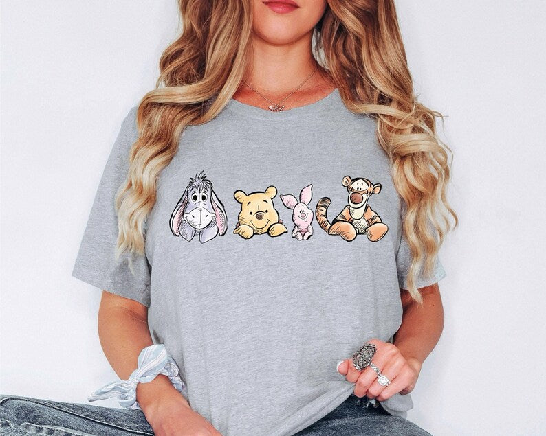 Winnie The Pooh Friends Shirt, Eeyore Pooh Piglet Tigger Cute Tee, Disney Character Sketch Style Shirt, Soft Pastel Cartoon Tee