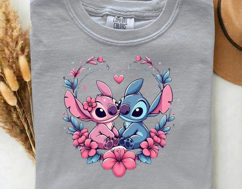 Stitch and Angel Love DTF Heat Transfer –  Cute Floral Disney Couple Blue Alien Ready to Press, Lovely Gift For Kids