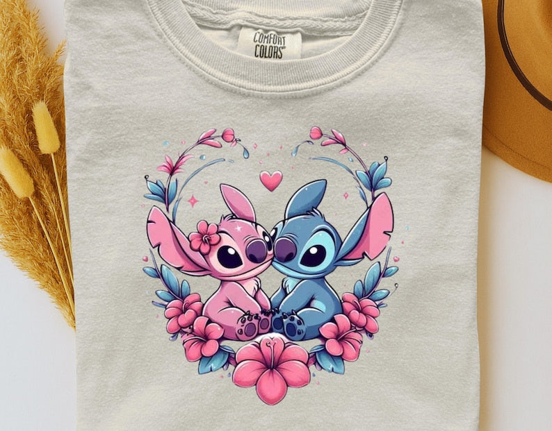 Stitch and Angel Love DTF Heat Transfer –  Cute Floral Disney Couple Blue Alien Ready to Press, Lovely Gift For Kids