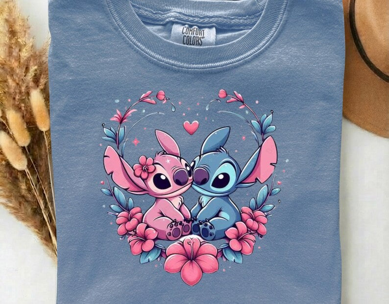 Stitch and Angel Love DTF Heat Transfer –  Cute Floral Disney Couple Blue Alien Ready to Press, Lovely Gift For Kids