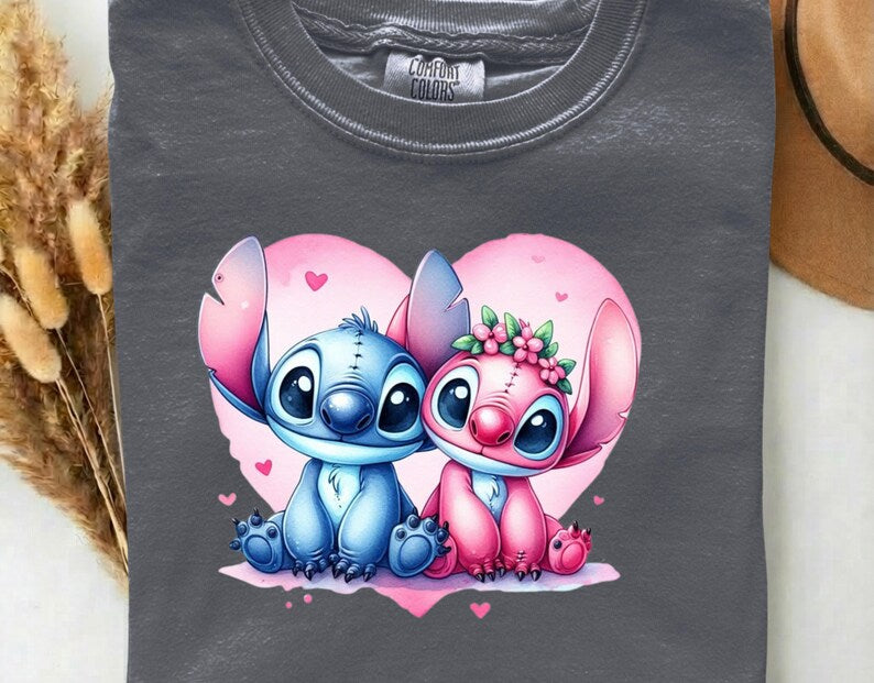 Stitch and Angel DTF Heat Transfer –  Pink Heart Disney Cute Couple Blue Alien Ready to Press, Cartoon Gift For Kids
