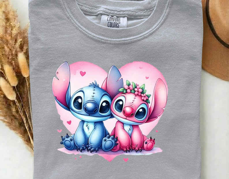 Stitch and Angel DTF Heat Transfer –  Pink Heart Disney Cute Couple Blue Alien Ready to Press, Cartoon Gift For Kids