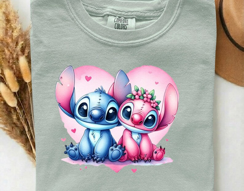 Stitch and Angel DTF Heat Transfer –  Pink Heart Disney Cute Couple Blue Alien Ready to Press, Cartoon Gift For Kids