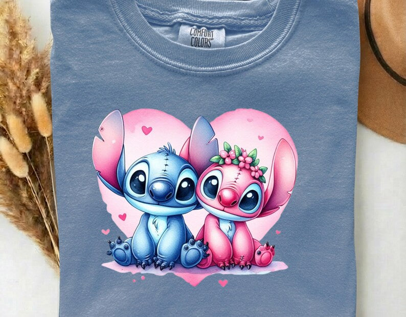 Stitch and Angel DTF Heat Transfer –  Pink Heart Disney Cute Couple Blue Alien Ready to Press, Cartoon Gift For Kids