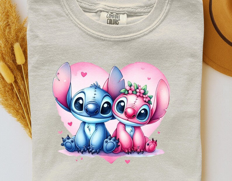 Stitch and Angel DTF Heat Transfer –  Pink Heart Disney Cute Couple Blue Alien Ready to Press, Cartoon Gift For Kids