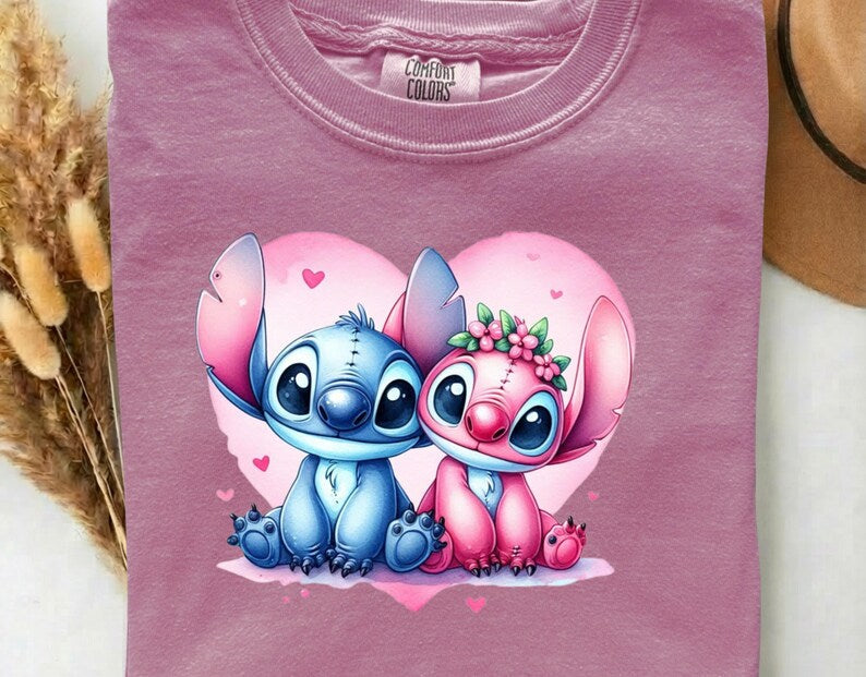 Stitch and Angel DTF Heat Transfer –  Pink Heart Disney Cute Couple Blue Alien Ready to Press, Cartoon Gift For Kids