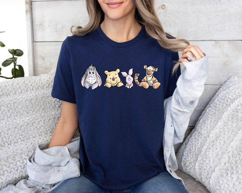 Winnie The Pooh Friends Shirt, Eeyore Pooh Piglet Tigger Cute Tee, Disney Character Sketch Style Shirt, Soft Pastel Cartoon Tee