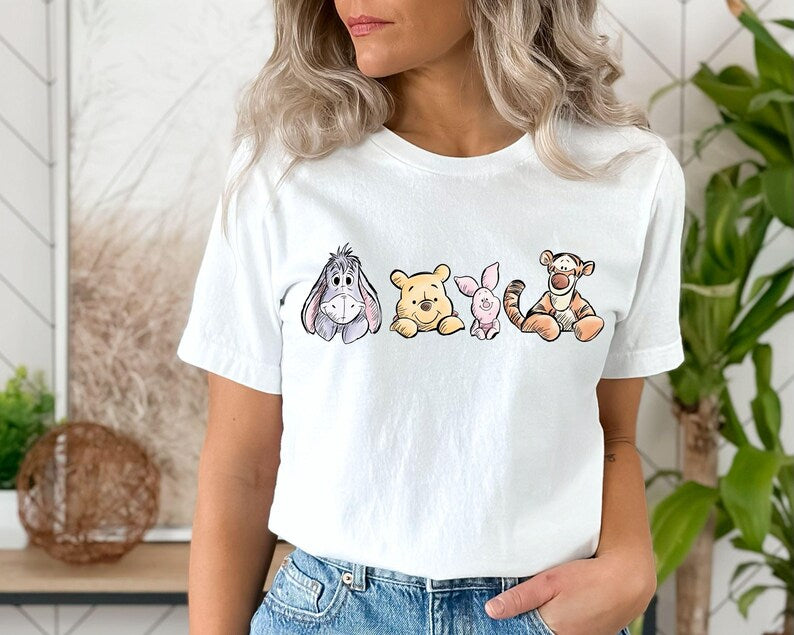 Winnie The Pooh Friends Shirt, Eeyore Pooh Piglet Tigger Cute Tee, Disney Character Sketch Style Shirt, Soft Pastel Cartoon Tee