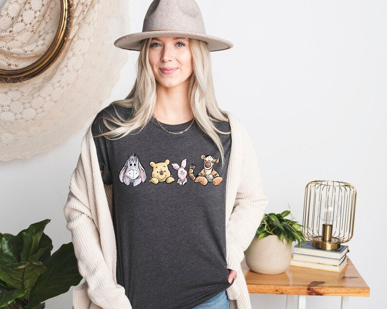Winnie The Pooh Friends Shirt, Eeyore Pooh Piglet Tigger Cute Tee, Disney Character Sketch Style Shirt, Soft Pastel Cartoon Tee