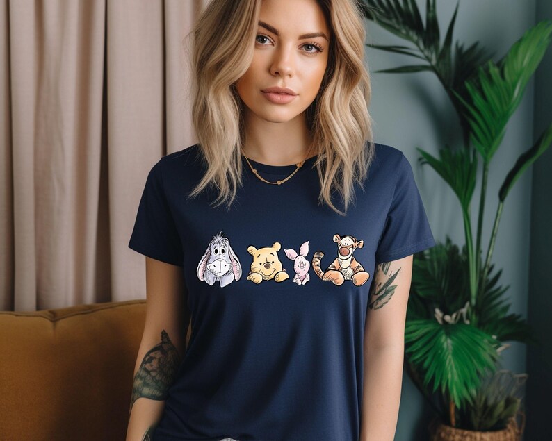 Winnie The Pooh Friends Shirt, Eeyore Pooh Piglet Tigger Cute Tee, Disney Character Sketch Style Shirt, Soft Pastel Cartoon Tee