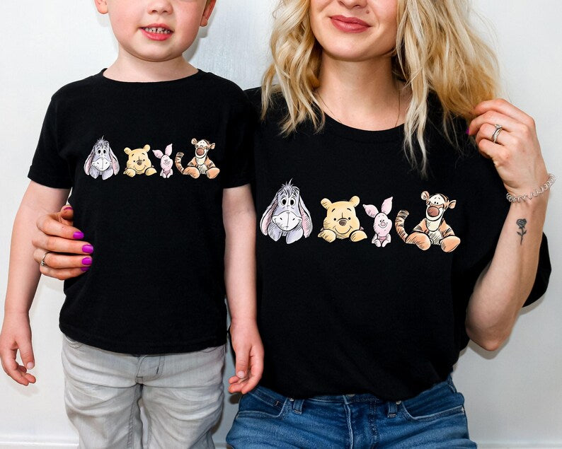 Winnie The Pooh Friends Shirt, Eeyore Pooh Piglet Tigger Cute Tee, Disney Character Sketch Style Shirt, Soft Pastel Cartoon Tee