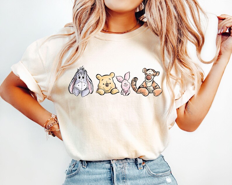 Winnie The Pooh Friends Shirt, Eeyore Pooh Piglet Tigger Cute Tee, Disney Character Sketch Style Shirt, Soft Pastel Cartoon Tee