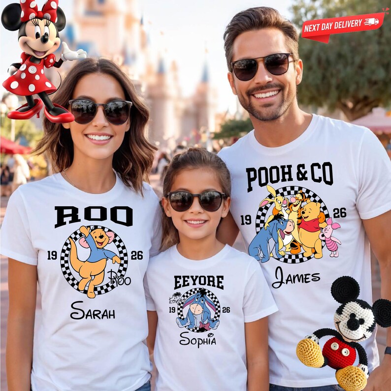Custom Winnie the Pooh Character Shirt, Personalized Piglet Lumpy Tee, Retro Checkerboard Disney Family Trip Shirts