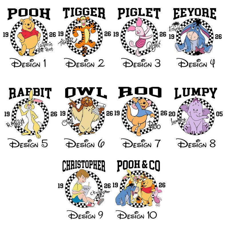 Custom Winnie the Pooh Character Shirt, Personalized Piglet Lumpy Tee, Retro Checkerboard Disney Family Trip Shirts