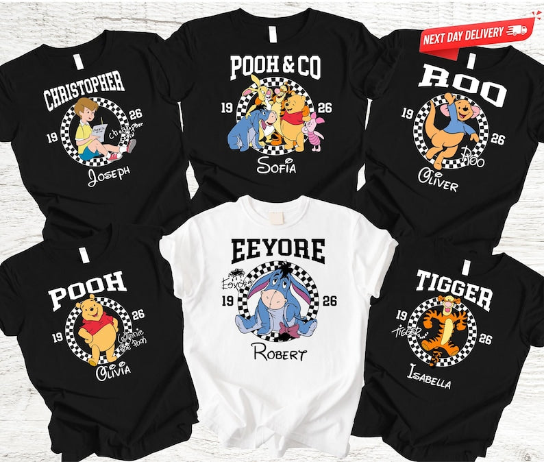 Custom Winnie the Pooh Character Shirt, Personalized Piglet Lumpy Tee, Retro Checkerboard Disney Family Trip Shirts