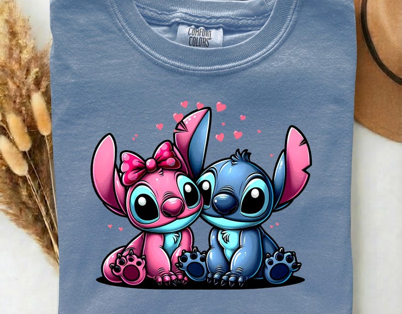 Stitch And Angel Love DTF Heat Transfer –  Disney Floral Cartoon Blue Alien Pink Hearts  Ready to Press, Funny Animal Gift For Kids