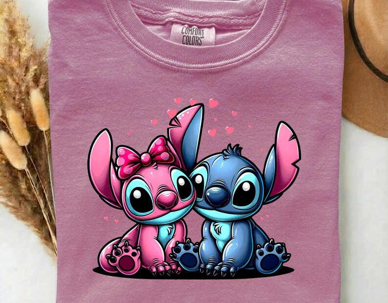 Stitch And Angel Love DTF Heat Transfer –  Disney Floral Cartoon Blue Alien Pink Hearts  Ready to Press, Funny Animal Gift For Kids