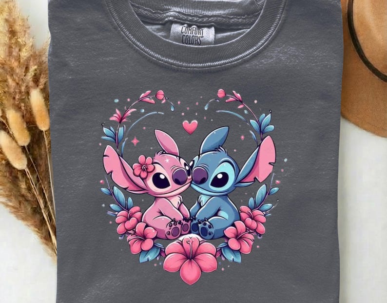 Stitch and Angel Love DTF Heat Transfer –  Cute Floral Disney Couple Blue Alien Ready to Press, Lovely Gift For Kids