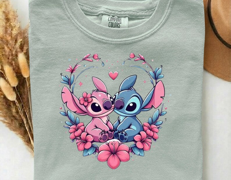Stitch and Angel Love DTF Heat Transfer –  Cute Floral Disney Couple Blue Alien Ready to Press, Lovely Gift For Kids