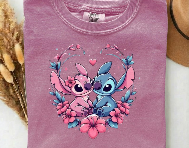 Stitch and Angel Love DTF Heat Transfer –  Cute Floral Disney Couple Blue Alien Ready to Press, Lovely Gift For Kids