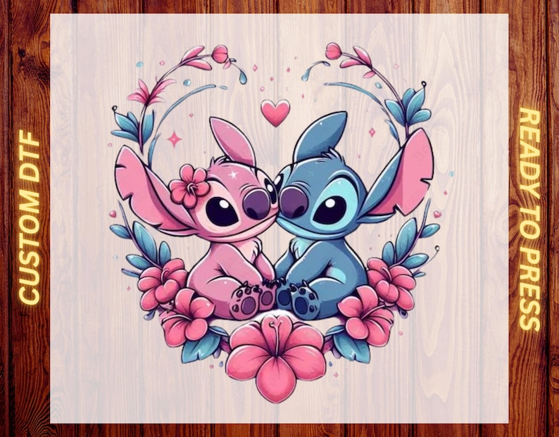 Stitch and Angel Love DTF Heat Transfer –  Cute Floral Disney Couple Blue Alien Ready to Press, Lovely Gift For Kids