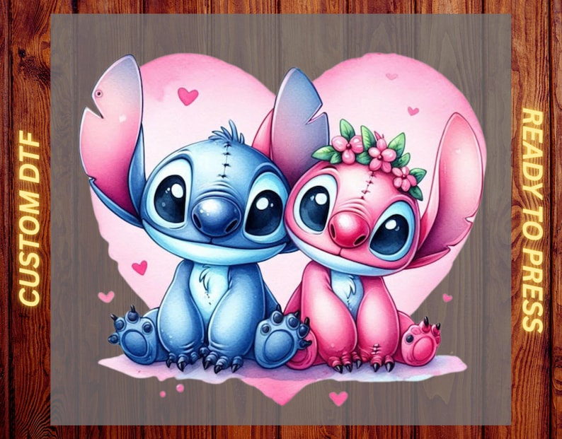Stitch and Angel DTF Heat Transfer –  Pink Heart Disney Cute Couple Blue Alien Ready to Press, Cartoon Gift For Kids