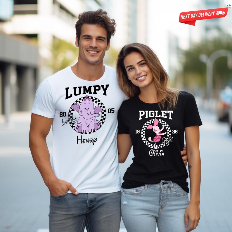 Custom Winnie the Pooh Character Shirt, Personalized Piglet Lumpy Tee, Retro Checkerboard Disney Family Trip Shirts