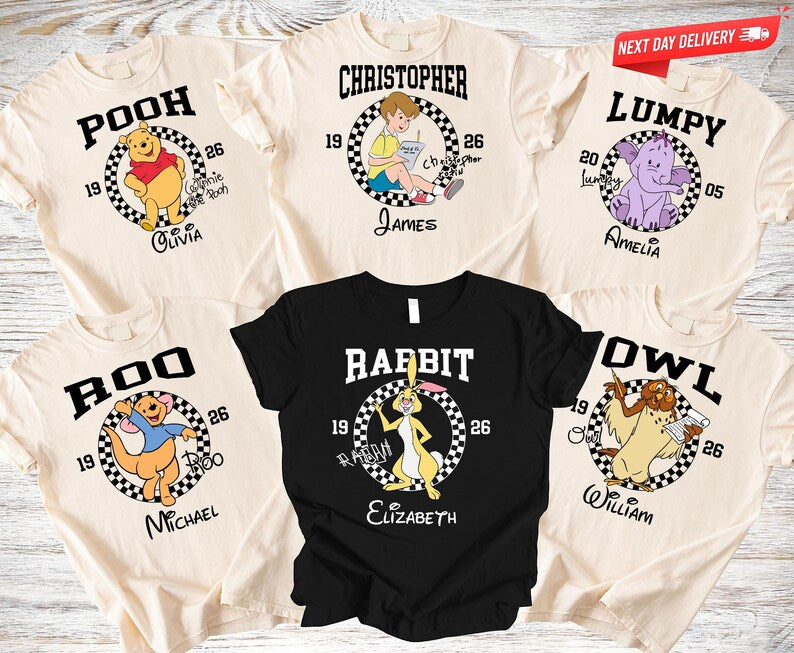 Custom Winnie the Pooh Character Shirt, Personalized Piglet Lumpy Tee, Retro Checkerboard Disney Family Trip Shirts