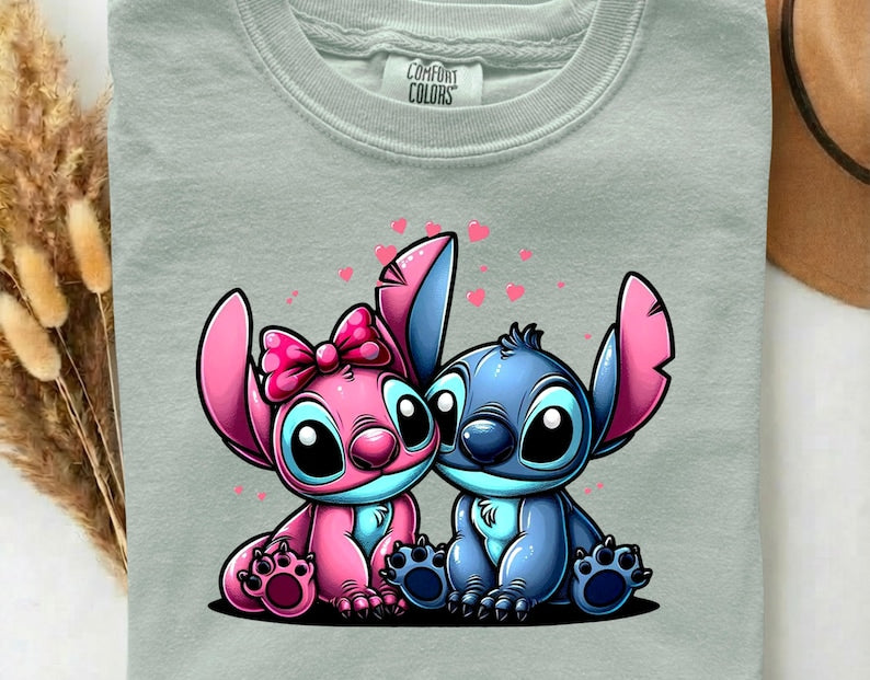 Stitch And Angel Love DTF Heat Transfer –  Disney Floral Cartoon Blue Alien Pink Hearts  Ready to Press, Funny Animal Gift For Kids