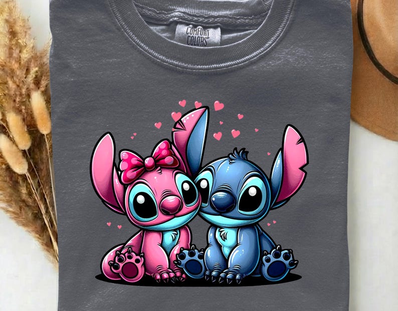 Stitch And Angel Love DTF Heat Transfer –  Disney Floral Cartoon Blue Alien Pink Hearts  Ready to Press, Funny Animal Gift For Kids
