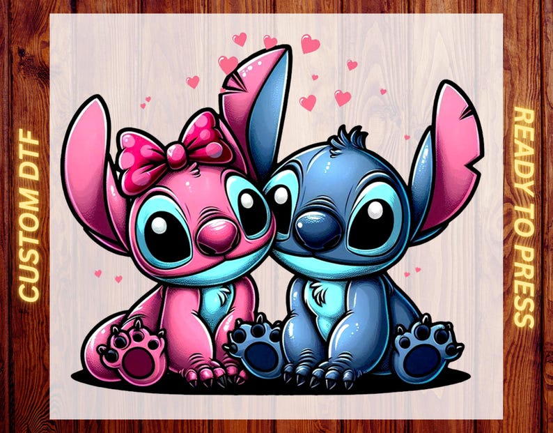 Stitch And Angel Love DTF Heat Transfer –  Disney Floral Cartoon Blue Alien Pink Hearts  Ready to Press, Funny Animal Gift For Kids