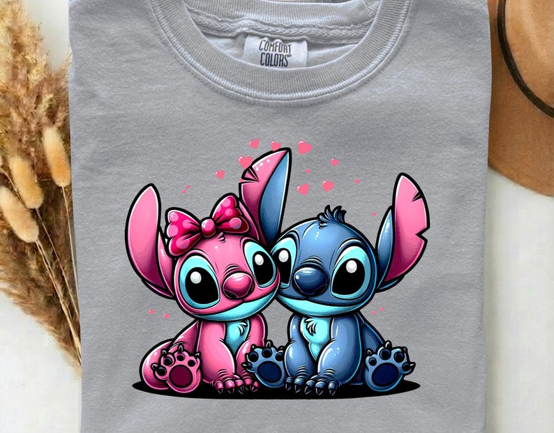 Stitch And Angel Love DTF Heat Transfer –  Disney Floral Cartoon Blue Alien Pink Hearts  Ready to Press, Funny Animal Gift For Kids