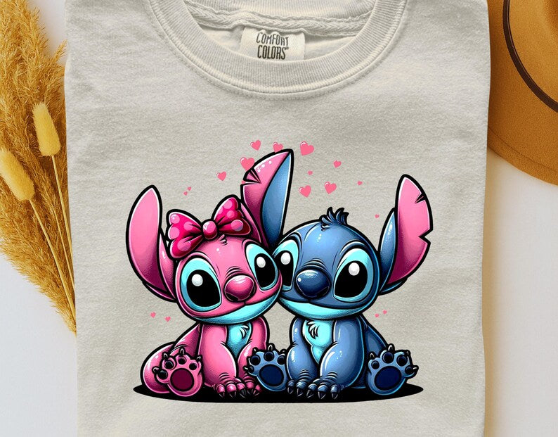 Stitch And Angel Love DTF Heat Transfer –  Disney Floral Cartoon Blue Alien Pink Hearts  Ready to Press, Funny Animal Gift For Kids