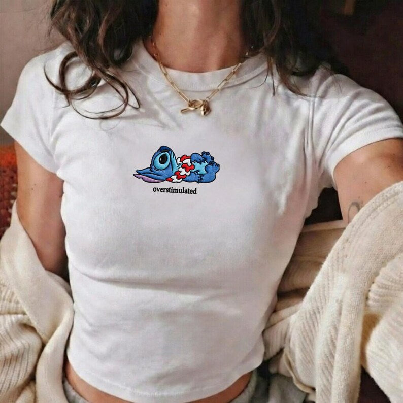 Overstimulated Stitch Embroidered Baby Tee, Cute Disney Inspired Crop T Shirt, Funny Stitch Shirt, Disneyland Trip Outfit, Cute Baby Tee