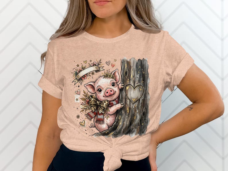 Watercolor Piglet Peeking T-Shirt, Leopard Bow, Rustic Farm Animal Lover Gift