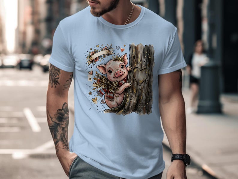 Watercolor Piglet Peeking T-Shirt, Leopard Bow, Rustic Farm Animal Lover Gift