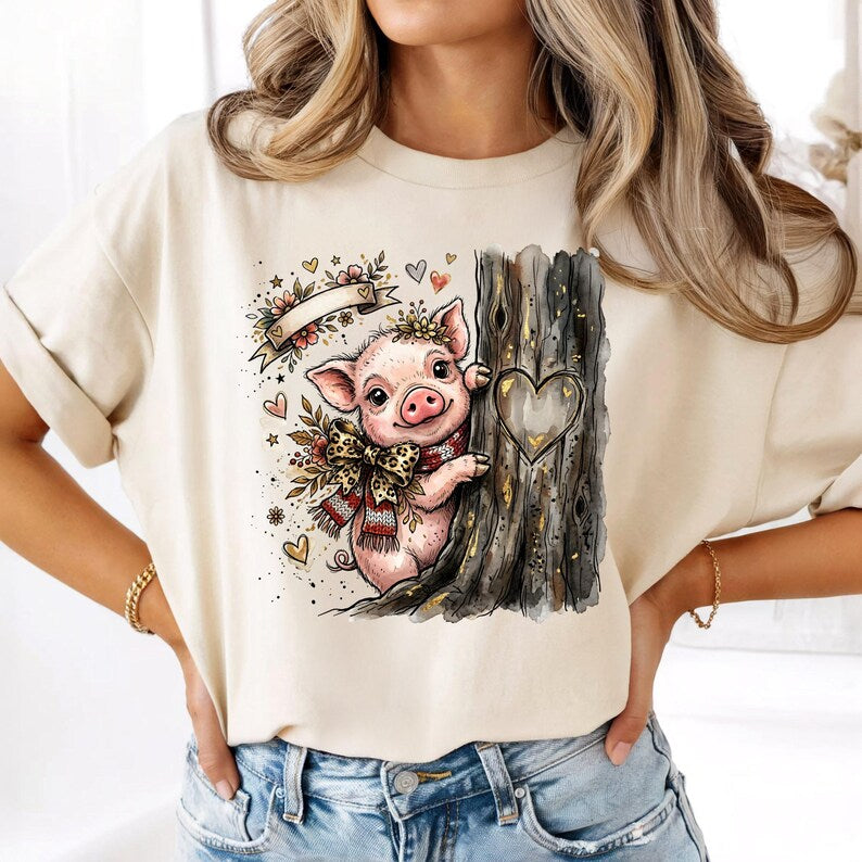 Watercolor Piglet Peeking T-Shirt, Leopard Bow, Rustic Farm Animal Lover Gift