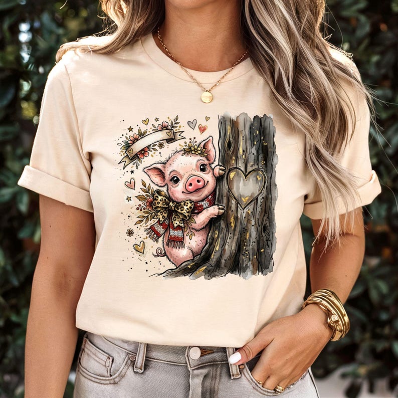 Watercolor Piglet Peeking T-Shirt, Leopard Bow, Rustic Farm Animal Lover Gift