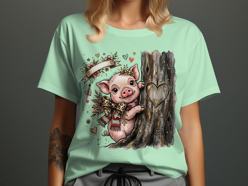 Watercolor Piglet Peeking T-Shirt, Leopard Bow, Rustic Farm Animal Lover Gift