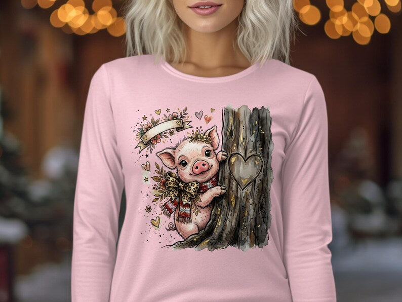 Watercolor Piglet Peeking T-Shirt, Leopard Bow, Rustic Farm Animal Lover Gift