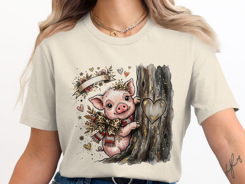Watercolor Piglet Peeking T-Shirt, Leopard Bow, Rustic Farm Animal Lover Gift