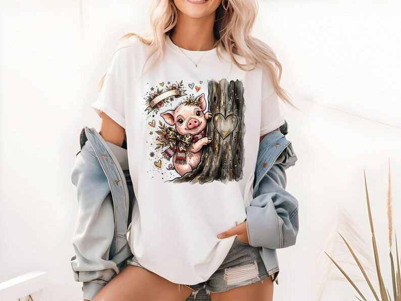 Watercolor Piglet Peeking T-Shirt, Leopard Bow, Rustic Farm Animal Lover Gift