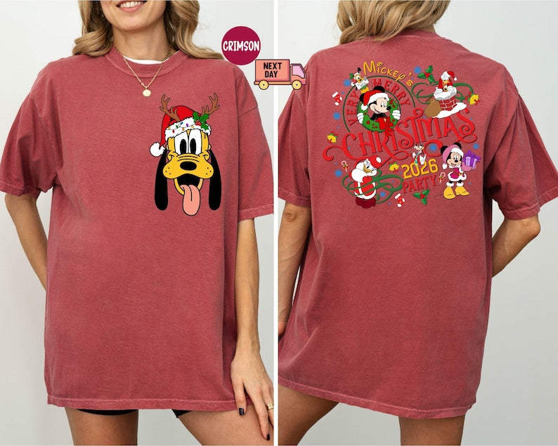 Comfort Colors® 2-Sided Mickey's Very Merry Christmas Party 2026 Shirt, Disney Santa Mickey And Friends Group Christmas Lights Shirt