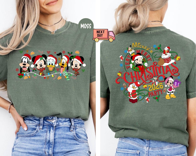 Comfort Colors® 2-Sided Mickey's Very Merry Christmas Party 2026 Shirt, Disney Santa Mickey And Friends Group Christmas Lights Shirt