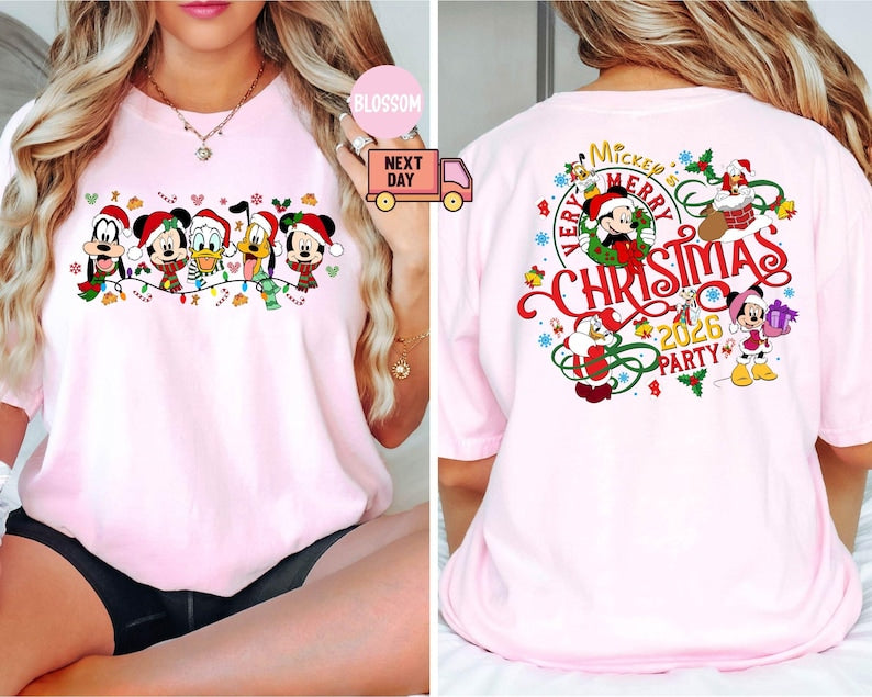 Comfort Colors® 2-Sided Mickey's Very Merry Christmas Party 2026 Shirt, Disney Santa Mickey And Friends Group Christmas Lights Shirt