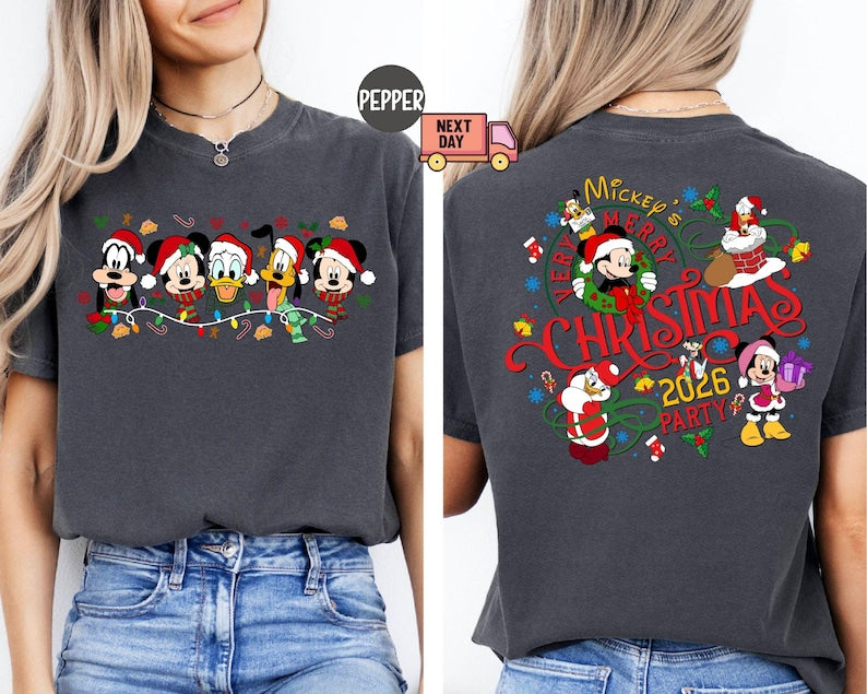 Comfort Colors® 2-Sided Mickey's Very Merry Christmas Party 2026 Shirt, Disney Santa Mickey And Friends Group Christmas Lights Shirt
